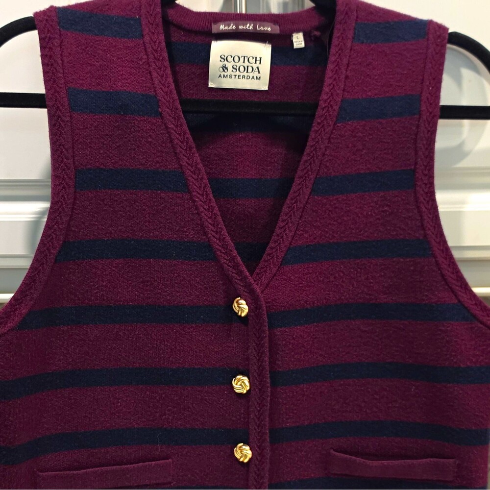Scotch & Soda Women Burgundy/Black Striped V-Neck Button Knit Sweater Vest L
